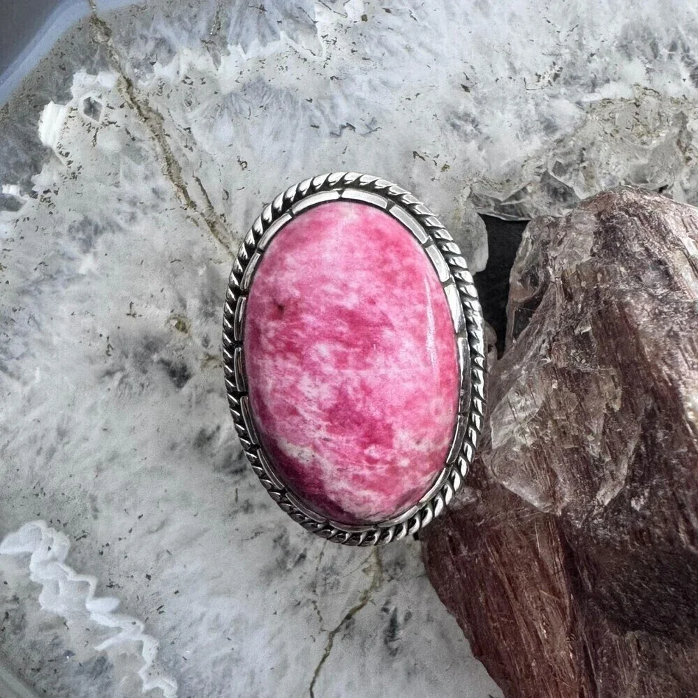 Sterling Silver Southwestern Style Oval Thulite Decorated Ring Sz 9.5 For Women